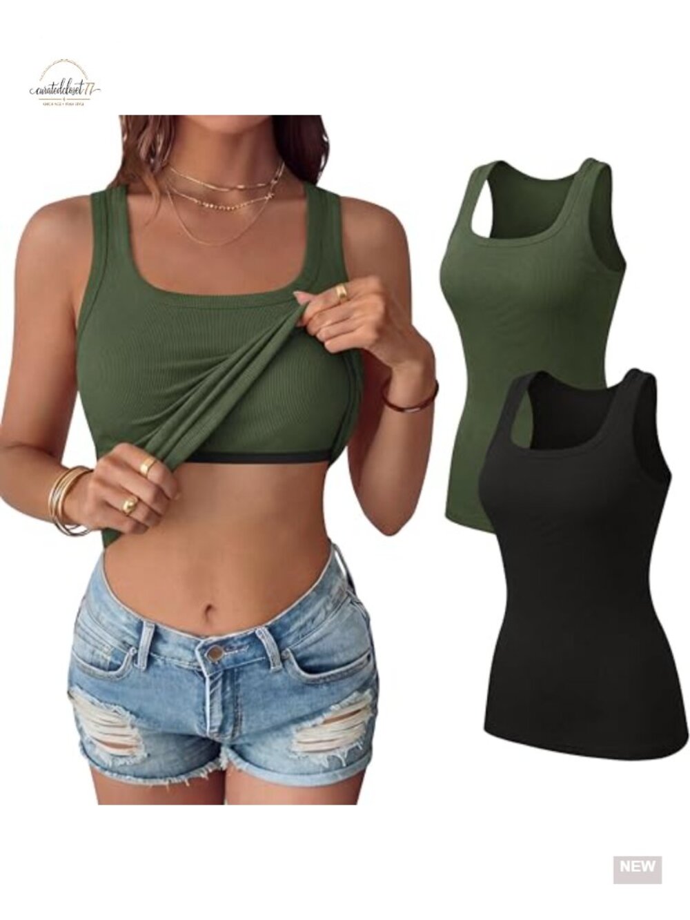 Women's Tank Tops with Built in Bra 2 Pack Square Neck Ribbed Sleeveless Fitted